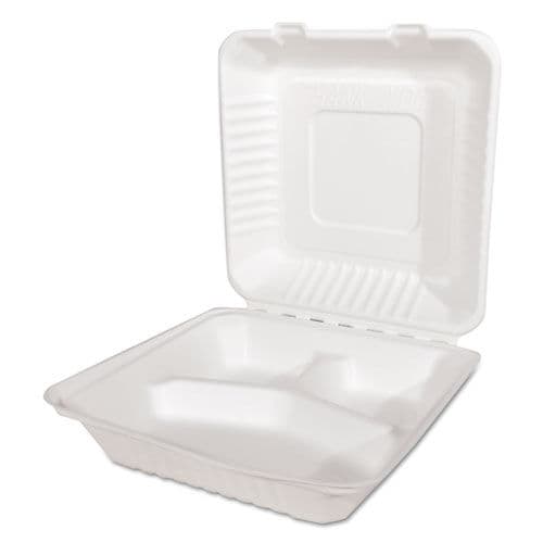 ChampWare Molded-Fiber Clamshells, 3-Comp, 9w x 9d x 3h, White, 200/Carton