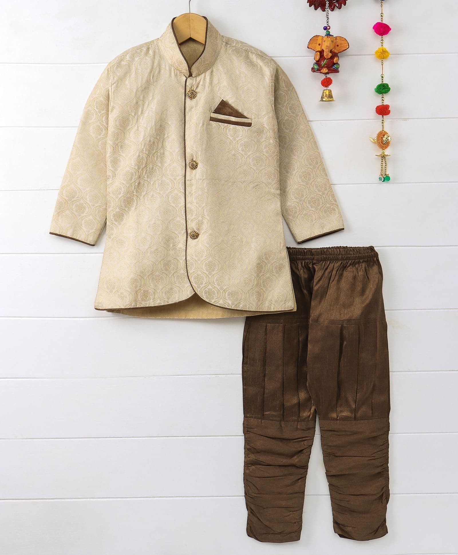 Pixie Dust Jacquard Full Sleeves Sherwani With Churidar Set - Beige