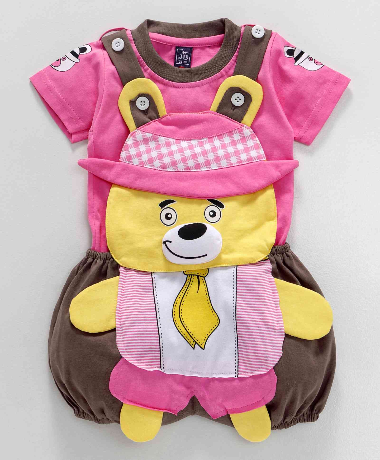 Jaybee Sleeveless Dungaree With Tee Bear Patch - Pink & Brown