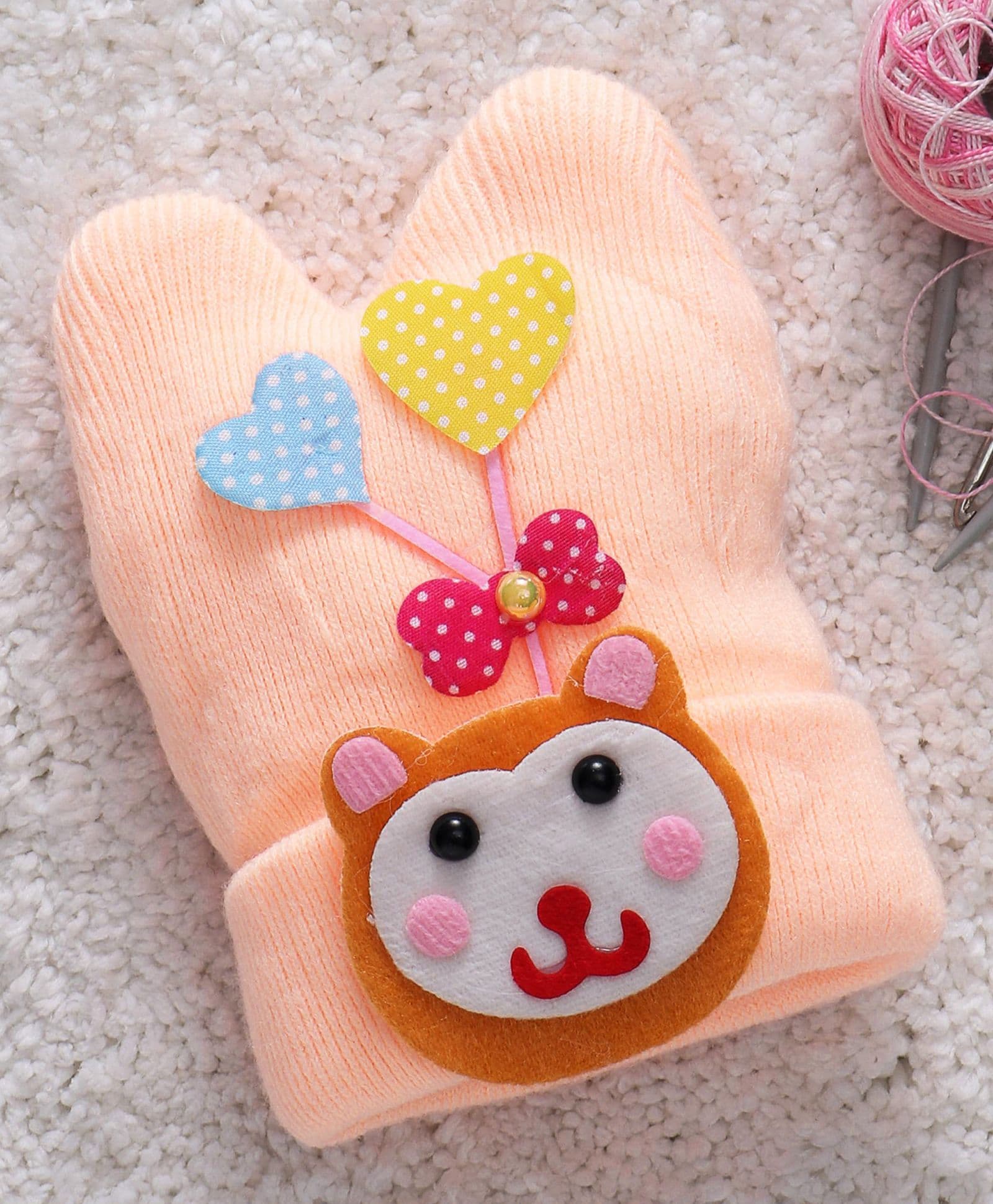 Babyhug Monkey Face Motif Woollen Cap - Light Orange