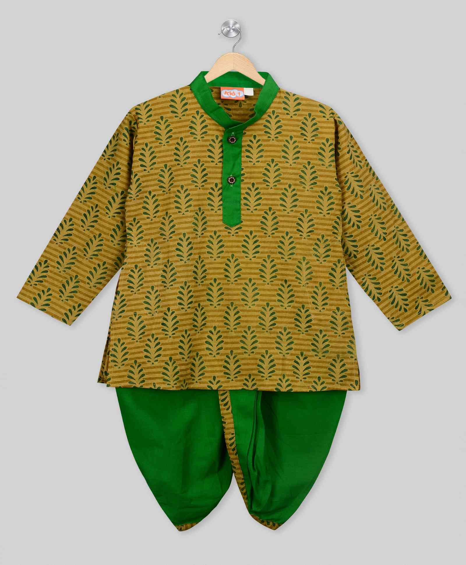 KID1 Leaf Printed Full Sleeves Kurta & Dhoti Set