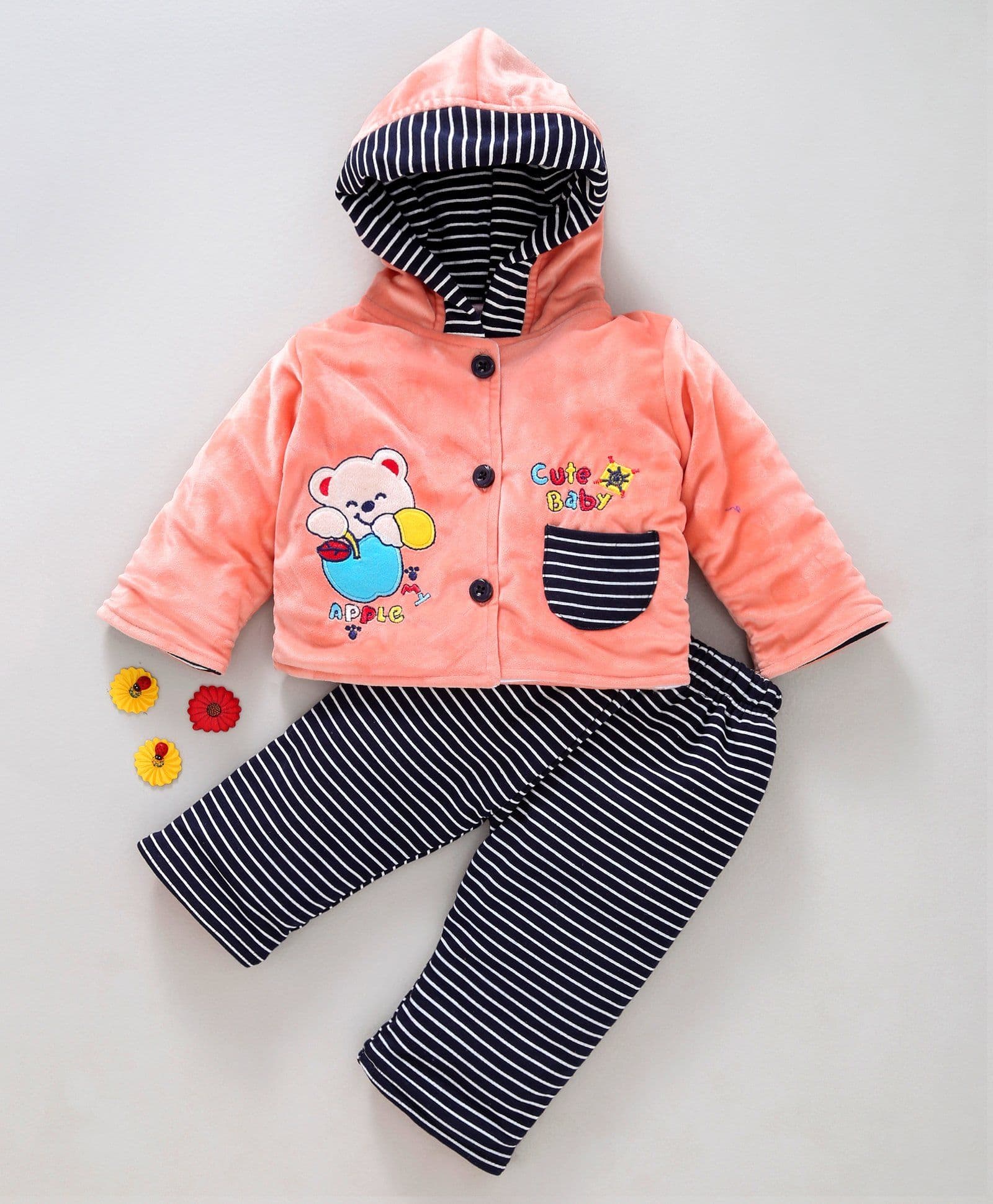 U R Cute Bear Patch Full Sleeves Hooded Jacket & Striped Bottom - Peach