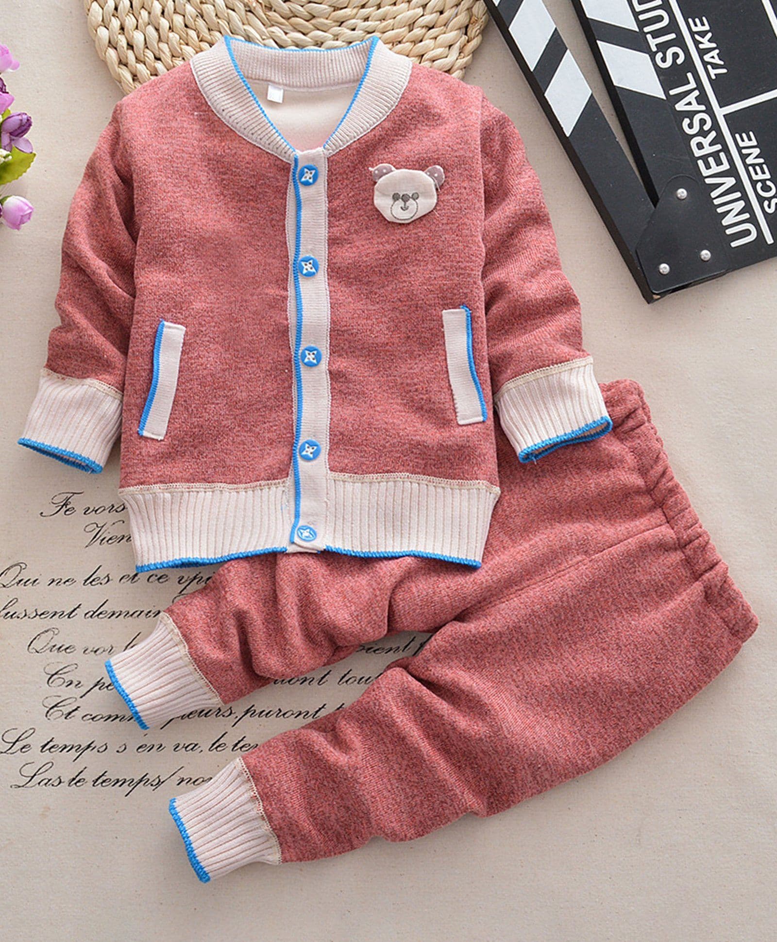 Pre Order - Lil Mantra Bear Patch Full Sleeves Sweater & Bottom Set - Pink