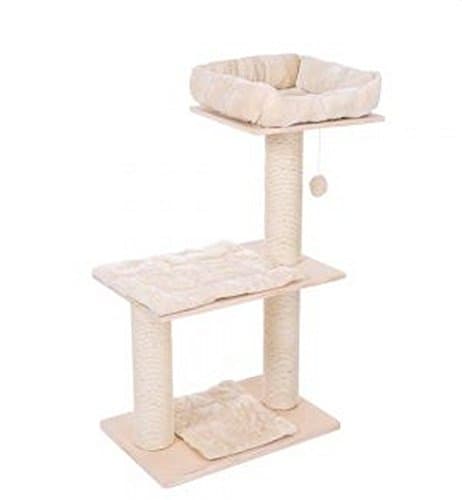 Simple Natural Wood Cat Tree With Thick Sisal Scratching Posts, Removable Cushions and Padded Sleeping Bed. In Neutral Cream Color and Slim Design.