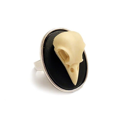 Unisex Silver Plated Oval 3D Raven Skull Gothic Ring Adjustable
