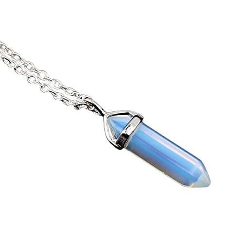 Natural Gemstone Necklace Silver Plated Hexagonal Pointed Reiki Chakra Quartz Crystal Pendant Necklace Chain 18 Inch (Sea opal)