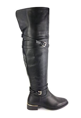 WOMENS RIDING BOOTS FLAT LOW HEEL OVER THE KNEE OR THIGH HIGH FAUX LEATHER MATERIAL (UK 5 / EU 38 / US 7, Black)