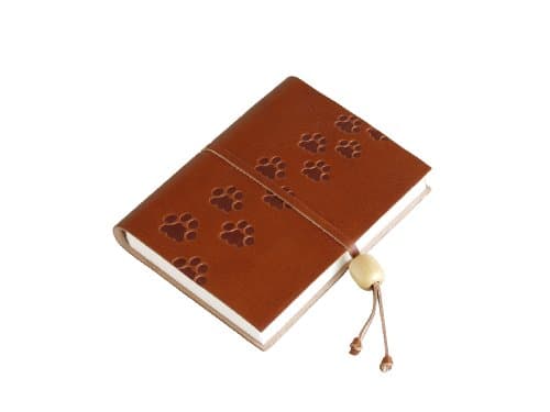 Amarcord Embossed Leather Notebook with Wooden Bead Closure- Cat Paws- tabacco
