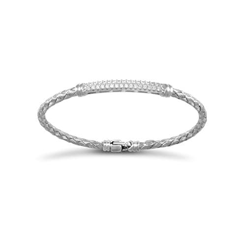 Sterling Silver Thin Woven Bracelet Cubic Zirconia Block