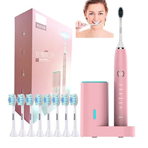 [2018 New Version] Xuehaostore Electric Toothbrush, 6 Brushing Modes, 8 Replacement Heads, Clean as Dentist Use, Self-Sterilizing Sonic Electric Toothbrush with Portable Travel Box, Automatic Timer &amp; IPX7 Waterproof (Rose Gold)