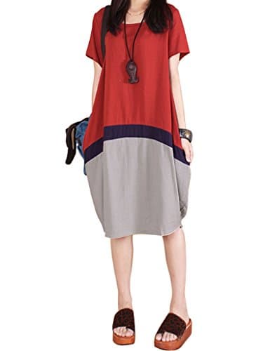 Mineroad Women's Knee Length Short Sleeve Round Neck Mixed Colors Spliced Cotton Linen Summer Irregular Dress Red UK 14