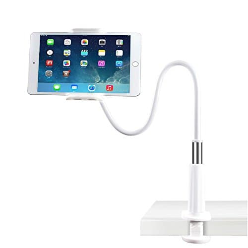 LONZOTH Tablet Holder Cell Phone Holder Gooseneck iPhone Holder iPad Air/Mini 2 3 4 Stand Cellphone Stand Bolt Clamp with Bracket for Apple or Android Devices 4-10.6 Inches, 360 Degree Rotating, 84cm Flexible Arm (Silver)