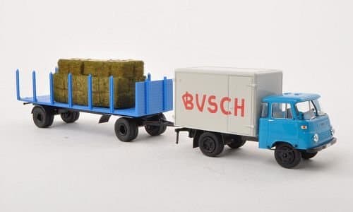Robur LO 2500 box wagon, Circus Busch, with stake wagon trailer and LOaded , Modellauto, Ready-made, Brekina 1:87