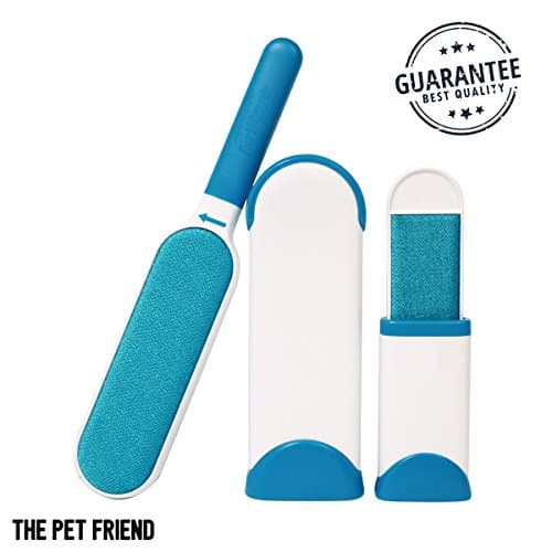Pet Fur Remover with Self-Cleaning Base, Double-Sided Adhesive Fur Wizard Brush Removes Effortlessly Lint &amp; Hair Cat/Dog from Clothes &amp; Furniture, Blue Travel Size Included! [1-Year Warranty]