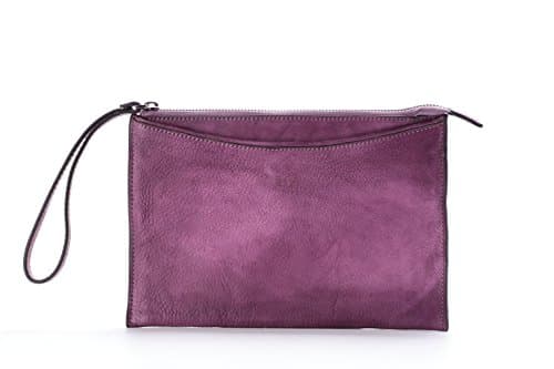 Bvane Ladies flat portable bifold Full-grain Leather Envelope Evening Clutch Party Bag Zipper Closure Handbag Purse Wallet Bag with Hand Strap Purple