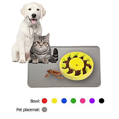 Dog Bowls Set Dog Feeding Bowl with Gray Rectangular Dog Feeding Mat Total 2 pcs - Bowl Cylindrical Wave Yellow