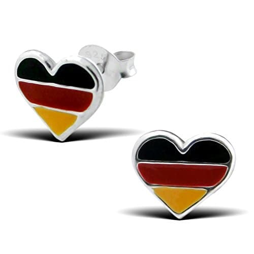 Germany Heart Shaped German Flag Sterling Silver Stud Earrings