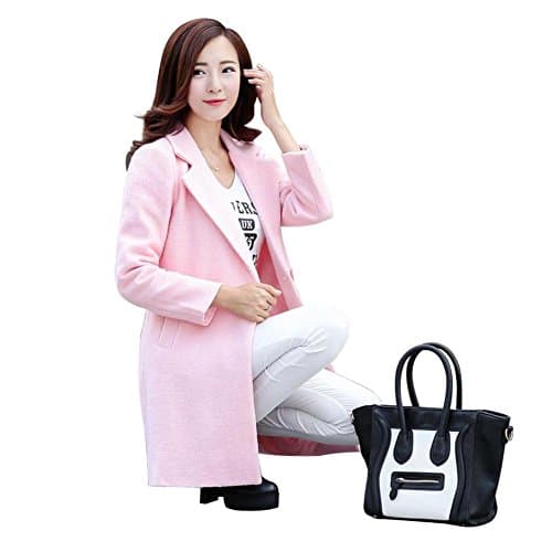 Ecotrump Korean Winter Women Long Sleeve Solid Woolen Pocket Coat Outerwear(Pink/M)