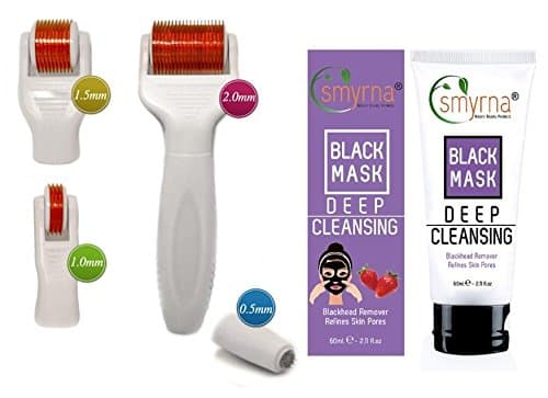 DERMA-CIT® 5-In-1 Skin Care Kit Titanium Micro Needle Derma Roller (12/240/600/1200 Needles) for Wrinkles, Acne Scars, Cellulite Treatment, Stretch Marks, Hair Loss, Eye Bags, Puffy Eyes, Blackheads. 4 Separate Roller Heads (0.5mm, 1.0mm , 1.5mm and 2.0mm) Smyrna Peel Off Mask for Acne and Blackheads