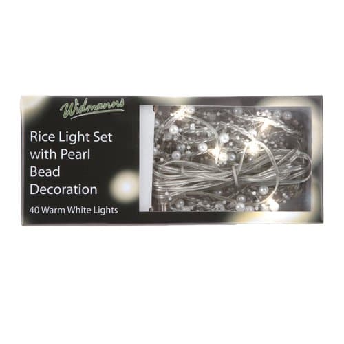 Brite Ideas Festive 40 Bulb Rice Lights with Pearl Bead Decoration