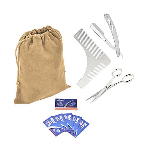 Beard Grooming Kit For Men, Beard Grooming Shaping Comb with Professional Barber Straight Edge Razor[Blades Included] and Stainless Steel Scissors - Easy to Use - Classic Style for Individualized Shaving