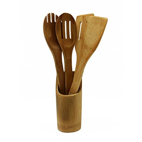 Bamboo Kitchenware 4 Pieces with Bamboo Handles, Accessories Cooking Utensils, Low Heat Resistance, Easy to Grip Handles, Non-Stick Cooking Spatulas, Baking Ware Set, Serving Tongs, Pasta Server
