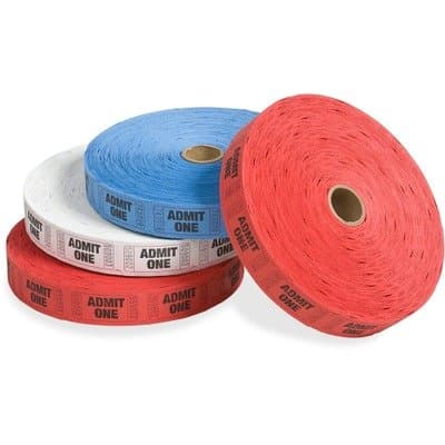 NEW - Admit-One Ticket Multi-Pack, 4 Rolls, 2 Red, 1 Blue, 1 White, 2000/Roll - 59001