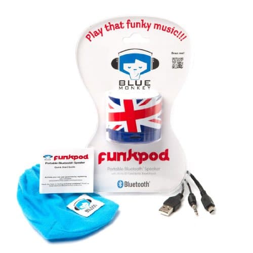Portable Bluetooth Speaker Union Jack Micro SD Slot Pouch Blue Monkey Funk Pod