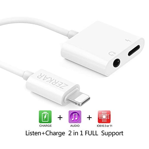 iphone x Adapter Splitter Headphone Jack Lightning to 3.5mm Adapter for iphone 8 to Charge and listen to Headphones No noise [Support iPhone iPod iPad ] (Without Phone Answer Function) (White)