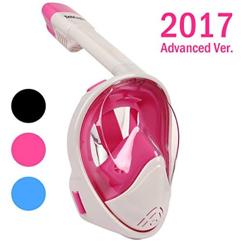 Snorkel Mask, TriMagic 180° Panoramic Full Face Design with Larger Viewing Area - Easy Breath and GoPro Compatible with Anti-Fog and Anti-Leak (2017 New Version)Pink White