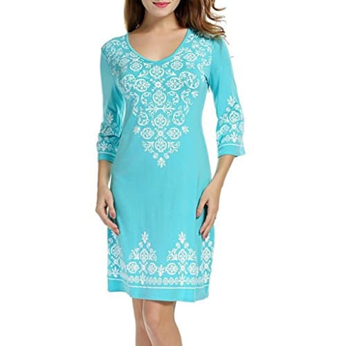 Kangrun Women 3/4 Sleeve Summer Dress Round Neck Basic Dress Retro African Floral Dress Oversized Bodycon Tee Dresses Flowy and Coay Print Tunic Simple A-Line T Shirt (Sky Blue, XL)