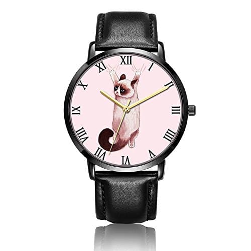 [KOSUNG] Grumpy Cat Wrist Watch, Customized Unisex Waterproof Stainless Steel Wrist Quartz Watch with Black PU Leather Wrist Band for Business Casual Collection Purpose
