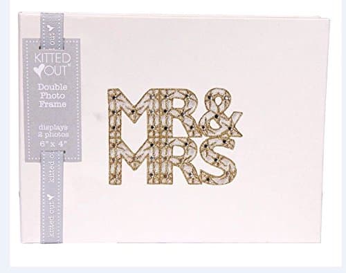 Double Photo Frame 'Mr and Mrs' Cream Linen with Applique of Diamante and Gold Thread. Size: 6" x 4"