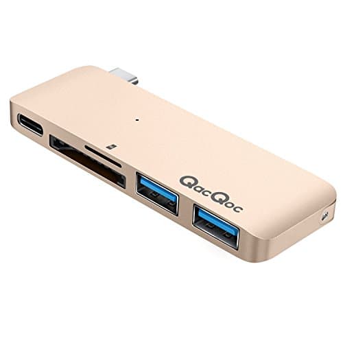 GN21B Type-C Hub with Power Delivery 2 superspeed USB 3.0 ports, 1 SD memory port, 1 microSD memory port card reader for MacBook 12-Inch, MacBook Pro, Google Chromebook, Aluminum Alloy Build (Glod)