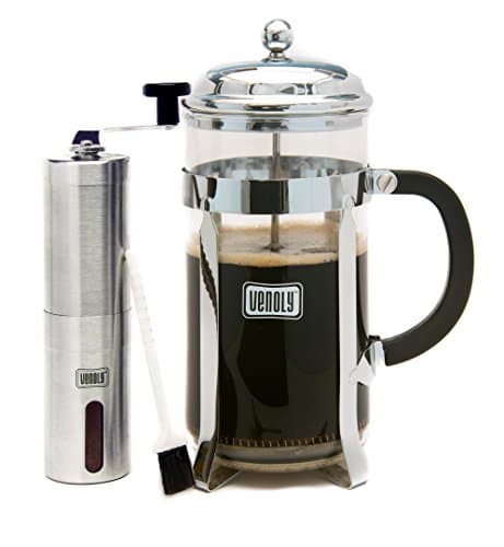 French Press Coffee Maker &amp; Burr Grinder Bundle, Double Filter Glass/Stainless Steel Chrome Maker &amp; Manual Conical Grinder - 8 Cups - by Venoly