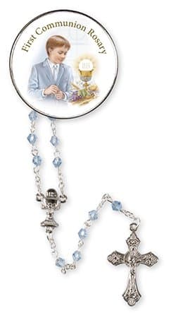 First Holy Communion Rosary Beads Glass / Blue with a Keepsake Metal Box / Boy