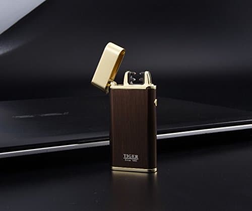 [WARRANTY 1 YEAR] USB LIGHTER, DOUBLE ARC ELECTRIC LIGHTER, Windproof, Lighter without gas and without Flame, Gold and Brown Lighter, rechargeable lighter, electric lighter, Box + USB cable