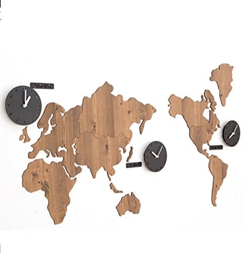 Pine Wood Wall Clock Creative World Map DIY Sticker Acrylic Clock ,Home Living Room Office Decor Brown