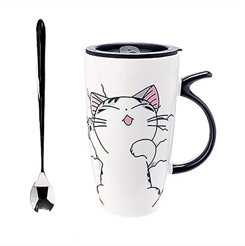 MOCER Cute Cat Style Ceramic Mugs with Lid & Spoon Cartoon Creative Moring Mug Milk Coffee Tea Unique Porcelain Mugs 600ml SH209A,D,600ml