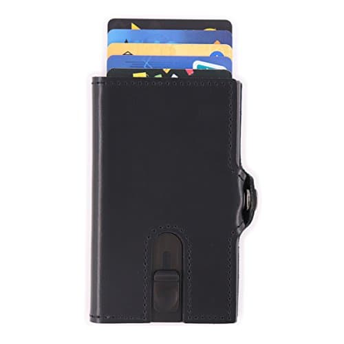 RFID Blocking Gneuine Leather Minimalist Wallet Slim Front Pocket Aluminum Metal Card Holder (Black)