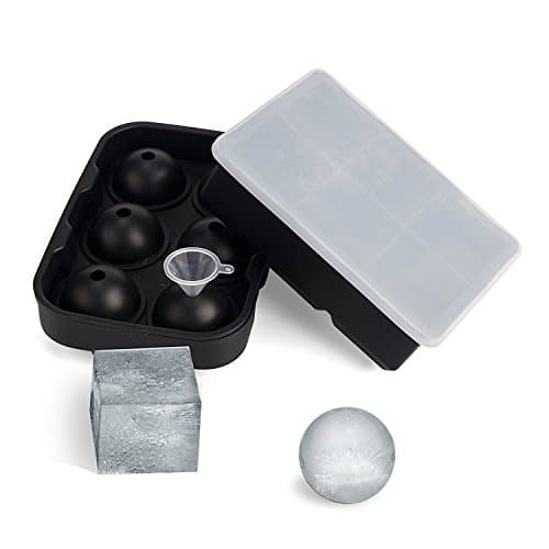 ice ball mold ice cube tray with Lid and small funnel, Silicone 6 Sphere Round Ice Ball maker &amp; 6 Large Square Ice cube mold with Lid for kids with fruit pudding jelly milk juice mold or Cocktails , Whiskey particles