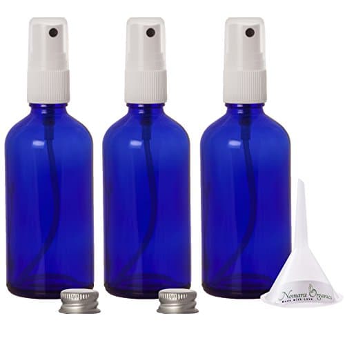Premium 100ml Glass Leak Proof Atomizer Spray Bottles by Nomara Organics - Pack of 3 in Cobalt Blue Glass with Atomiser Sprays + BPA- Free Transfer Funnel & 2 x Leak proof Silver Caps.