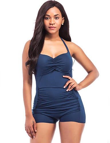 HHBO Women's Summer Solid Halter Neck Swimsuits Boxer Shorts One Piece Swimwear , light blue , s