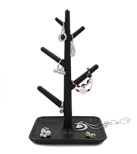 Fowall Jewelry Tree Organizer Rack Display Tower Stand Holder Organizer Dish Tray for Earrings Necklace Ring (Black)