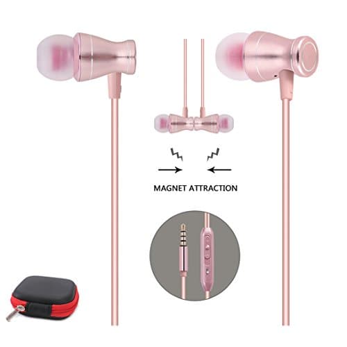 Earphones with Microphone 3.5mm Wired Headset with Mic Noise Isolating Bass Headphones for Apple iphone ipad Samsung and more with Magnetic and Carry Case (ROSE GOLD)