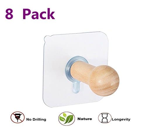 Joykey Adhesive Hooks 8 Pcs Wall Hanging Hook Heavy Duty Wooden Hooks for Kitchen,Bathroom,Door,Coats,Bag