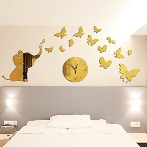 DIY Elephant Butterfly Stickers Acrylic Mirror Wall Clock Silent Non Ticking Home Decor (Gold)