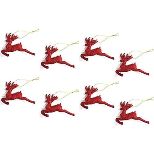8 x Red Glitter 3D Shaped Reindeer Hanging Christmas Tree Ornament Window Decoration XMAS Accessories