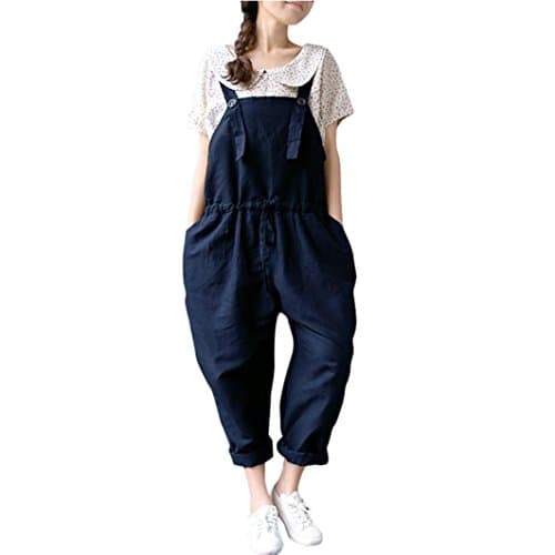 Hmeng Women's Plus Size Linen Overalls Baggy Adjustable Strap Sleeveless Jumpsuits Casual Loose Wide Leg Dungarees Rompers (XXXL, Blue)
