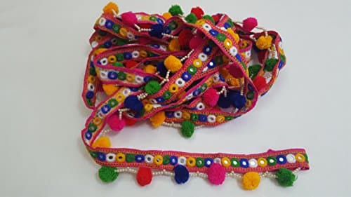 Multicolour Dangly pompom with pearls on a Pink Mirrored Lace - Trim Sold 8 Meters